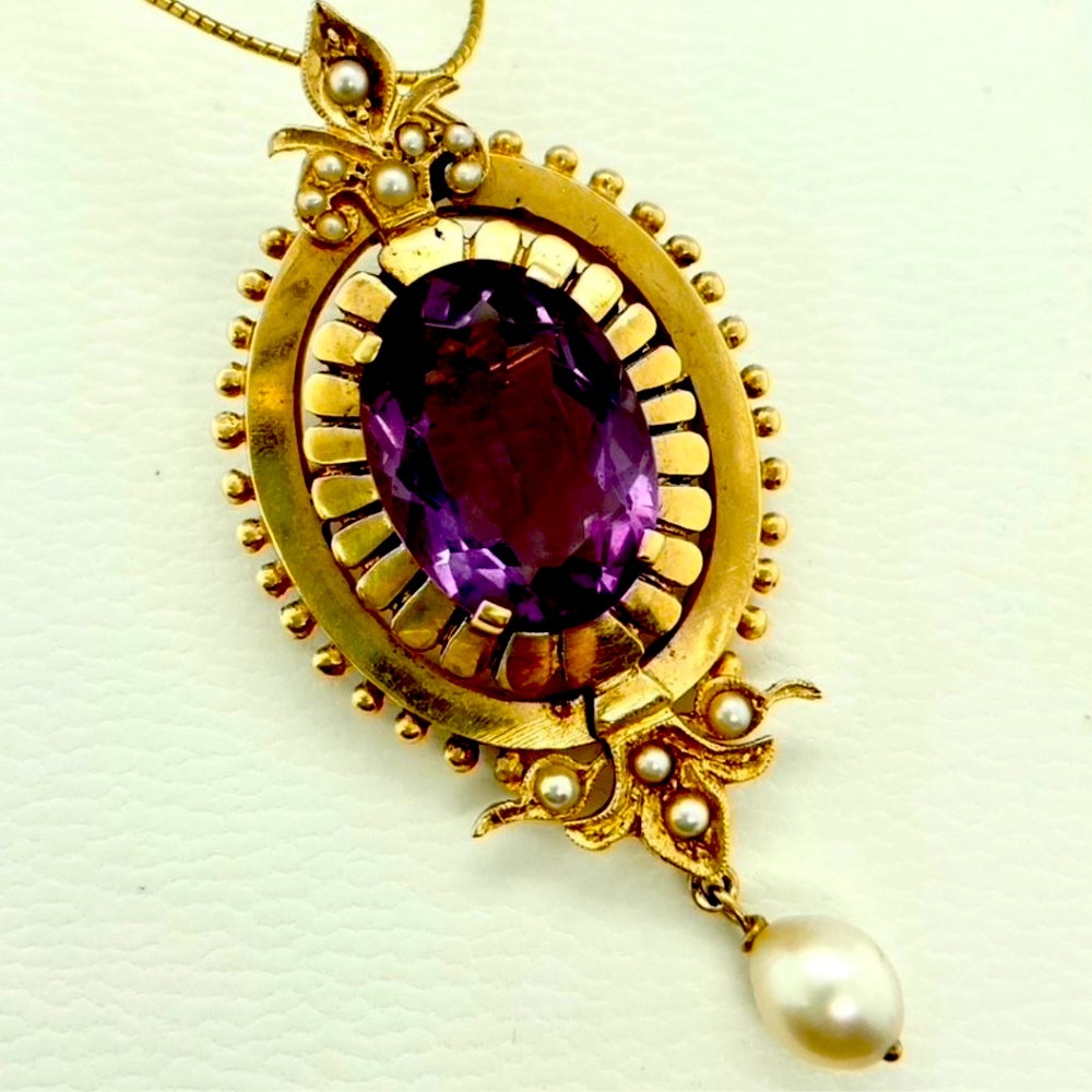Sold 😍Huge Yellow Gold Victorian Amethyst & Natural Pearl Pendant/Pin.